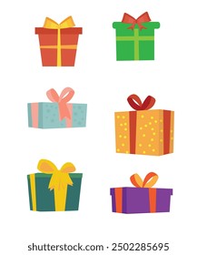 Geschenkbox einzeln auf weißem Hintergrund. Preissammlung. Verkauf, Einkaufskonzept. Cartoon Geschenksymbol für Geburtstag, Party, Weihnachtseinladung, Werbebanner. Vektorgrafik.