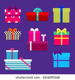 Gift boxes set Isolated vector icons in flat design Many presents with bows and ribbons and different patterns