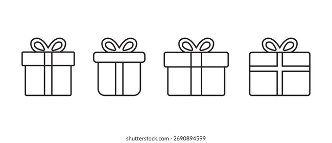 Cajas de regalo Vector de arte de línea. Presente icono de contorno de caja aislado sobre fondo blanco.