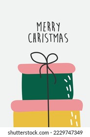 Gift boxes set and Merry Christmas text, hand drawn doodle style. Vector illustration for greeting cards, invitations, posters