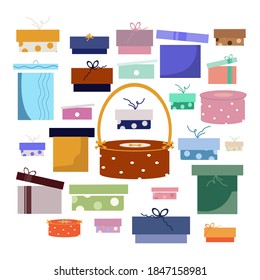 Gift boxes set. Multi-colored gifts of different sizes for a holiday or other event. Vector image on a white background.