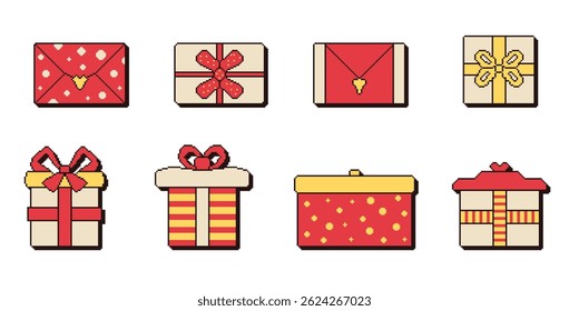 Gift boxes set pixel art style. 8 bit birthday presents. Cristmas giftbox in retro 90s style. Prize with bow vector collection illustration on white background. Surprise packages with festive ribbons.