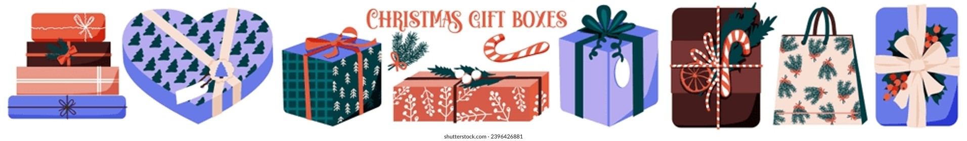 Gift boxes set. Present box, holiday packages in festive paper wrapping, tied with ribbon, bow. Gift Packaging. Christmas surprise. Vector illustration
