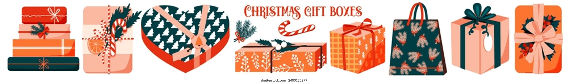 Gift boxes set. Present box, holiday packages in festive paper wrapping, tied with ribbon, bow. Gift Packaging.Christmas surprise. Vector illustration
