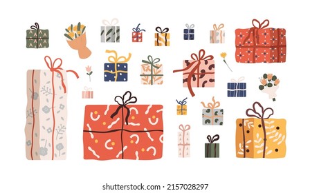 Gift boxes set. Presents, surprises wrapped in festive paper and ribbon, bow decor. Holiday flowers, packages of different shape, size. Flat graphic vector illustration isolated on white background