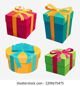 Gift Boxes Set With Red Ribbon And Bow. Decorative Colorful Wrapped Giftbox, Beautiful 3D Christmas Present Box. Vector