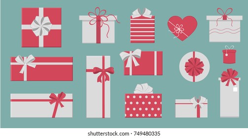 Gift boxes set. Red and white boxes of different shapes with bows and ribbons.