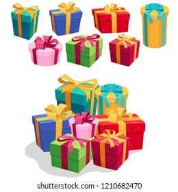 Gift Boxes set with Ribbon and Bow. Decorative colorful wrapped giftbox, Beautiful 3D Christmas present box. Vector