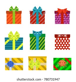 Gift boxes Set, with ribbon and bow. Surprise boxes. Vector.