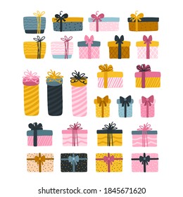 Gift boxes set with ribbons and bows in a childish cartoon hand-drawn Scandinavian style. For Christmas, birthday and other holidays