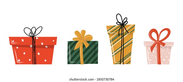 Gift boxes set with ribbons and bows in a childish cartoon hand-drawn Scandinavian style. For Christmas, birthday and other holidays
