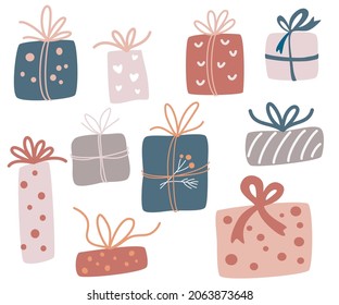 Gift boxes set, with ribbons. Items for birthday, Christmas and New Year holidays. Hand draw Presents. Decorative paper stylish wrapper for gift wrapping. Vector cartoon illustration