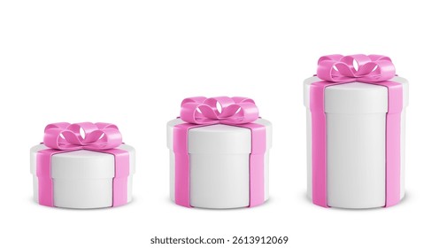 Gift boxes set with round lids with pink ribbons - presents different sizes wrapped white paper with bright bow decoration on top. Birthday party, holiday surprise package or anniversary celebration.