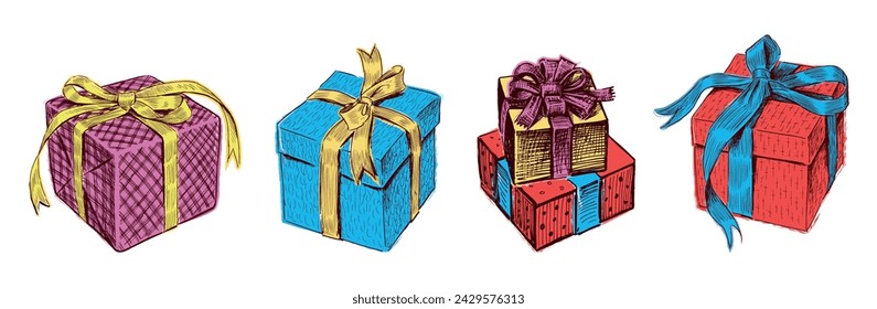 Gift boxes set tied ribbons with elegant bow for different holidays birthday, new year, christmas,colorful hand drawings vector illustration isolated on white