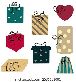Gift boxes set, vector clip art on white background, set of colorful gift boxes of different shapes