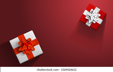 Gift boxes with shiny colorfuland on red Background. Vector festive illustration. Top view. Decoration element for the holidays