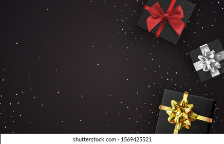 Gift boxes with shiny colorfuland srewed confetti particles and stars. Vector festive illustration. Top view. Decoration element for the holidays on black Background.