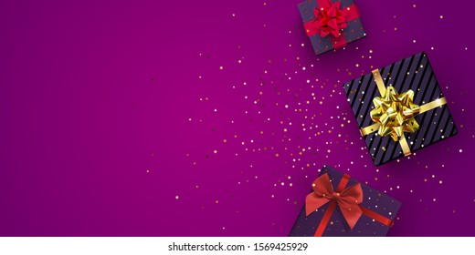 Gift boxes with shiny colorfuland srewed confetti particles and stars. Vector festive illustration. Top view. Decoration element for the holidays on purple Background.