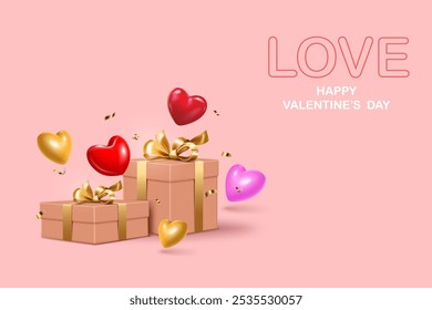 caixas de presente e corações brilhantes decorativo abstrato amor conceito banner.happy cartões dia moderno e criativo fundo, cartão de saudação e cartaz vetor ilustração.