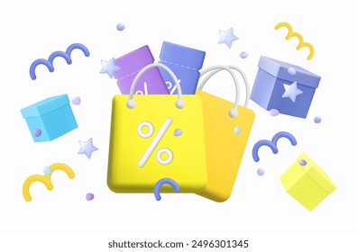 Cajas de regalo con bolsas de envío y Cupones gratis. Bolso de comercio electrónico volador con bono. Entrega, tasas de interés bajas, Cupones de regalo en una bolsa de la compra. Envío en línea, venta con descuentos. Vector 3d.