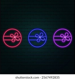 Gift boxes and shopping bag with bright glowing futuristic blue and orange neon lights on black background. Holiday decoration. Festive gift surprise. 3D render illustration.