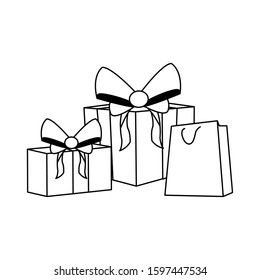 gift boxes and shopping bag over white background, flat design, vector illustration
