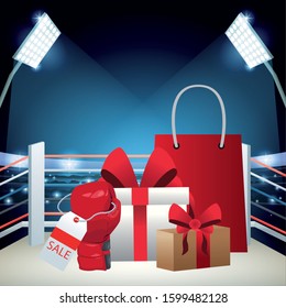 Gift boxes and shopping bag over boxing ring background, colorful design, vector illustration
