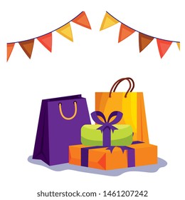 gift boxes and shopping bags with garlands