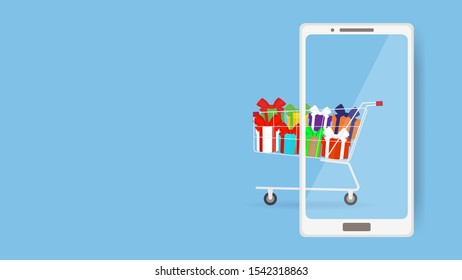 Gift boxes in shopping cart, Online shopping concept illustration vector
