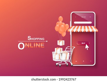 Gift boxes in shopping carts, floating balloons,smartphone shops, all objects on a purple-orange background for shopping online concept design,vector 3d for shopping online on application smartphone