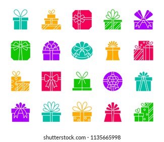 Gift boxes silhouette icons set. Isolated web sign kit of bounty box. Present monochrome pictogram collection includes parcel, pack stack. Simple gift color contour symbol. Vector Icon shape for stamp
