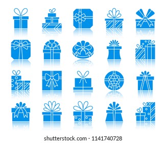 Los iconos de silueta de cajas de regalo están configurados. Kit de signos de caja de recompensa. La colección de pictogramas incluye un paquete de premios de pila. Sencillo símbolo de contorno de color regalo con reflexión. Forma Icono del vector aislada en blanco