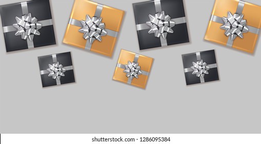 Gift boxes silver bow Vector realistic. Dark background confeti sparkle. Product placement mock up. Design packaging 3d illustration. Birthday, Wedding, Anniversary decor template banners