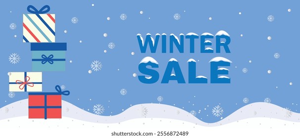 Gift boxes and snow covered text Winter Sale on a blue background with snowflakes creating a festive shopping vibe.