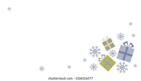 Gift boxes and snowflakes on white background. Holiday, Christmas, New year. Postcard, flyer with a corner frame in the style of paper cutout. With copy space for your text. Flat Vector illustration.