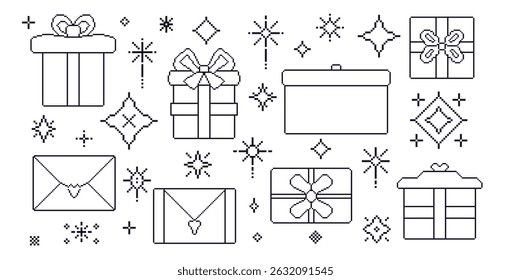 Gift boxes and sparkles set line pixel art style. 8 bit birthday presents. Giftbox and stars in retro 90s style. Prize with bow vector illustration isolated on white background. Surprise packages.