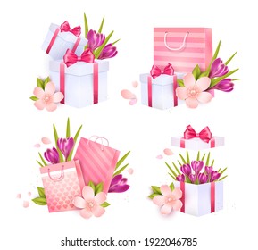 Gift boxes, and spring flowers and bags. Isolated elements for design.