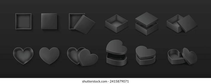 Gift boxes square and heart shaped realistic vector illustration set. Luxury packaging for exclusive gift 3d elements on black background