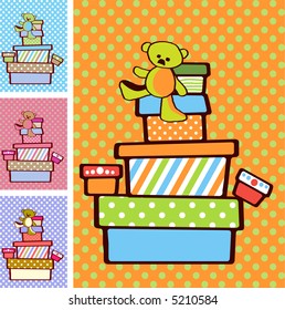 Gift boxes stacked on top of each other on festive bright background in variety of colours for boy and girl option