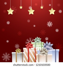 Gift boxes and star, snowflake on red, Merry Christmas, Happy New Year illustration background