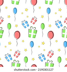 Gift boxes, stars and air balloons seamless pattern. Hand drawn doodle elements on white background. Best for textile, print, wrapping paper, package and festive decoration.