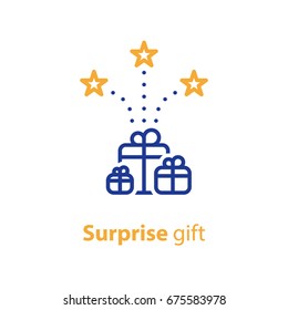 Gift boxes with stars, congratulations concept, surprise award, vector line icon