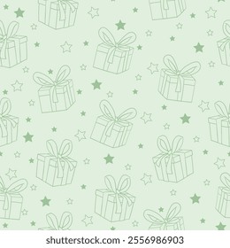 Gift boxes and stars on green background vector seamless pattern