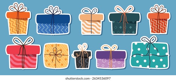 Gift boxes stickers colorful clipart set. Gift box outline sticker drawing elements clip art collection in blue background vector illustration. 
