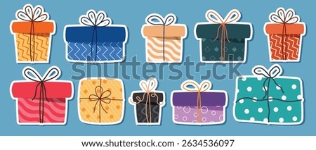 Gift boxes stickers colorful clipart set. Gift box outline sticker drawing elements clip art collection in blue background vector illustration. 
