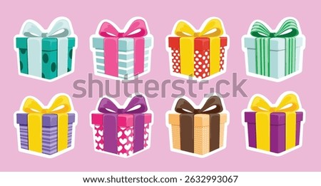 Gift boxes stickers elements clipart set. Birthday gift box colorful sticker clip art cute drawing decoration in pink background for surprise present collection vector illustration. 
