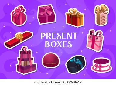 Gift boxes stickers pack of vector packages with ribbons. Cartoon gift and present boxes with festive gold bows wrapped in bright color paper, birthday or Valentines Day surprise, Xmas giftboxes set