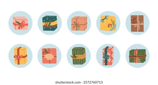 Gift boxes stickers pack of vector packages with ribbons. Cartoon gift and present boxes with festive gold bows wrapped in bright color paper, birthday or Valentines Day surprise, Xmas giftboxes set .