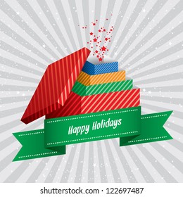 Gift Boxes Surprise Set on a striped background with Happy Holiday wishes on green ribbon