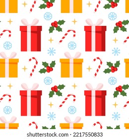 Gift boxes, sweets and snowflakes on a white background. Seamless pattern for Christmas, New Year's Day, Winter Holidays. Background for gift wrapping paper, textille